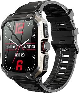 anyloop Military Smart Watches for Men, 1.85" HD Display 400mAh Rugged Smartwatch with Bluetooth Call Tactical IP68 Waterproof Outdoor Fitness Tracker with Heart Rate Monitor for iOS Android Phone