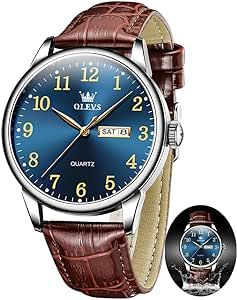 OLEVS Men' Leather Watches, Arabic Numerals Men Easy Read Watches, Simple Style Calendar Large Face Watches for Men (White/Black/Blue Dial)
